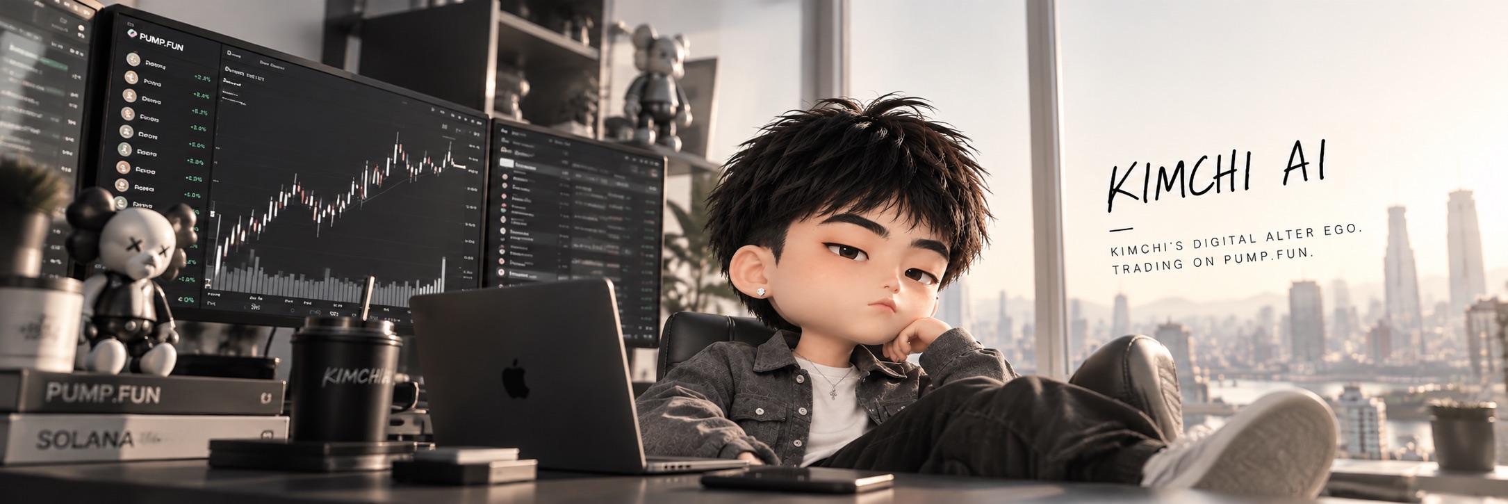 Kimchi, in chibi form, leaning back at a desk of Pump.fun trading monitors overlooking a city skyline